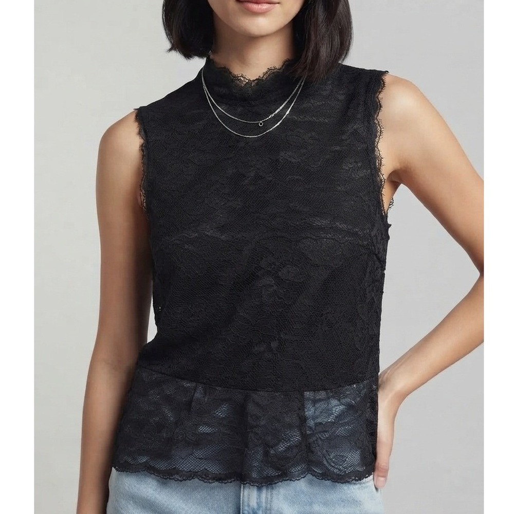Forever 21 Plus Floral Lace Mock Neck Sleeveless Top Sheer Black Button Back 1X